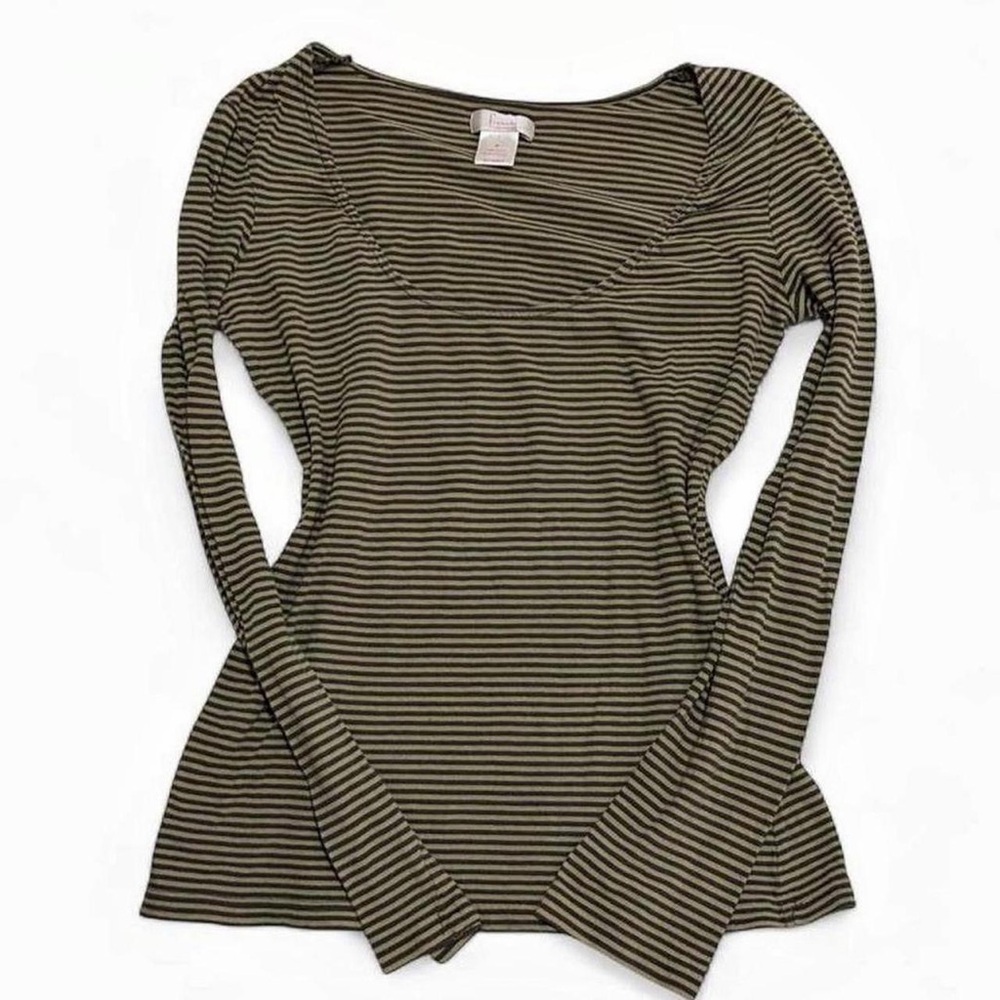 Frenchi Olive and Black Striped Long Sleeve Scoop Neck Top